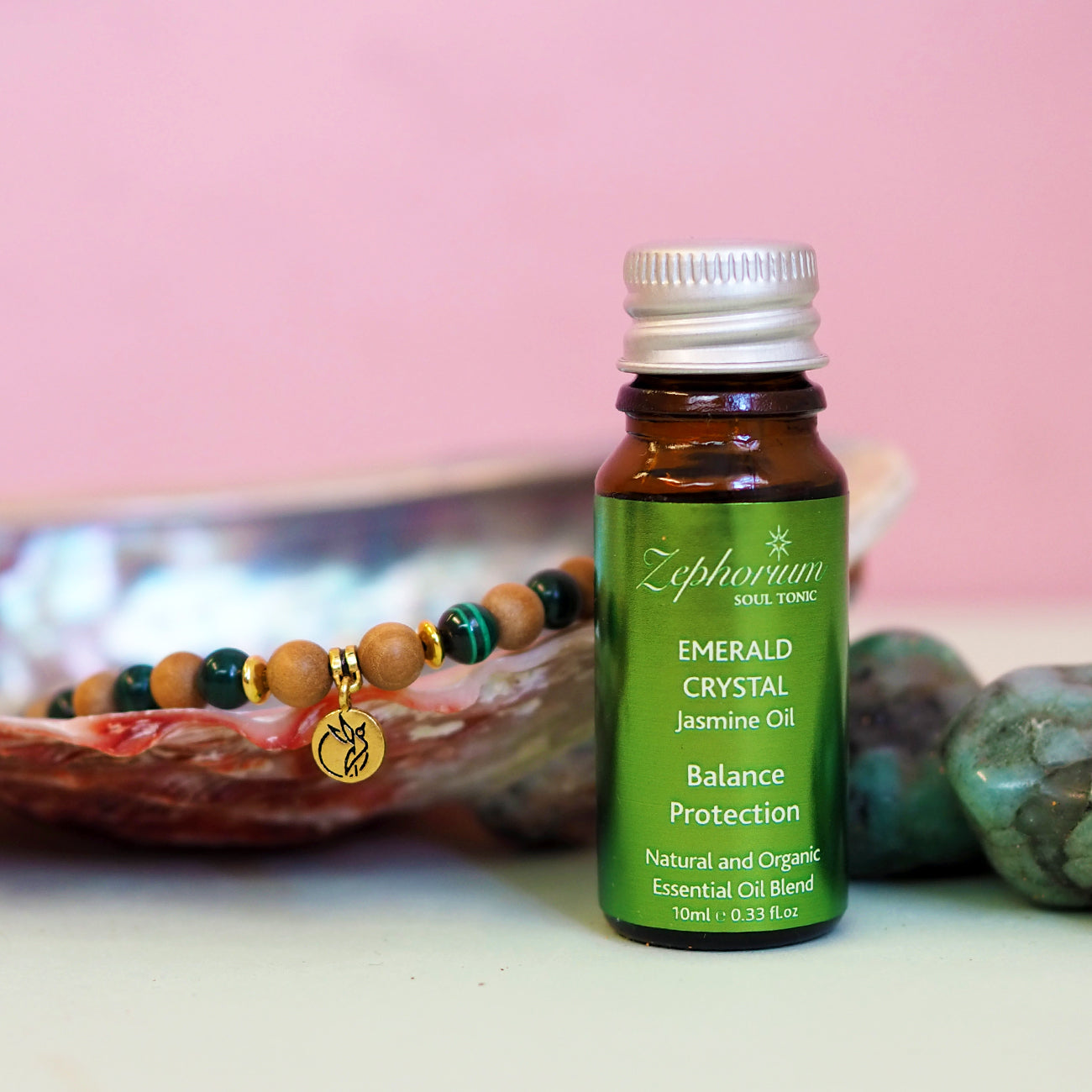 'The Balanced Being' Essential Oil Diffuser Mala Bracelet Set - Emerald Crystal & Jasmine Oil