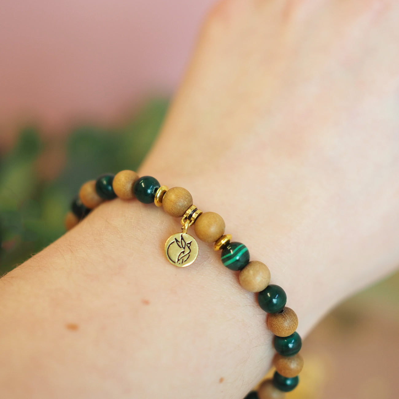 'The Balanced Being' Essential Oil Diffuser Mala Bracelet Set - Emerald Crystal & Jasmine Oil